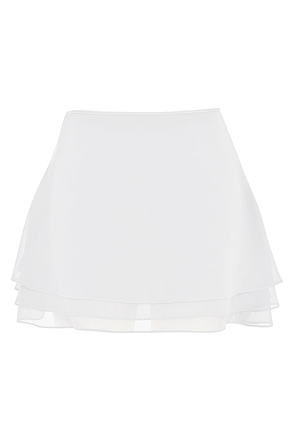 White chiffon corset with straps and floating layered mini skirt