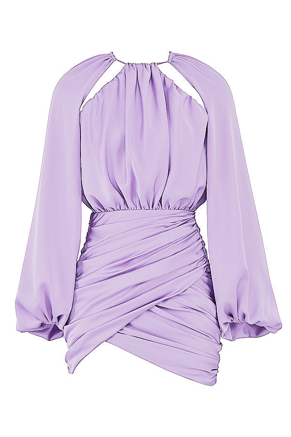 Orchid satin mini dress with wrap over at the front