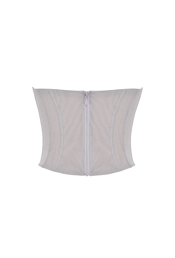 Gray underwire corset with satin pleated maxi skirt