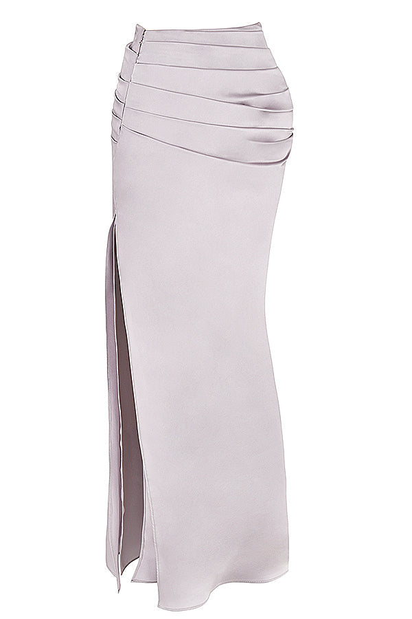 Gray underwire corset with satin pleated maxi skirt