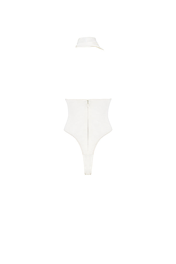 Ivory satin bodysuit with wrap neck and gray loose trousers