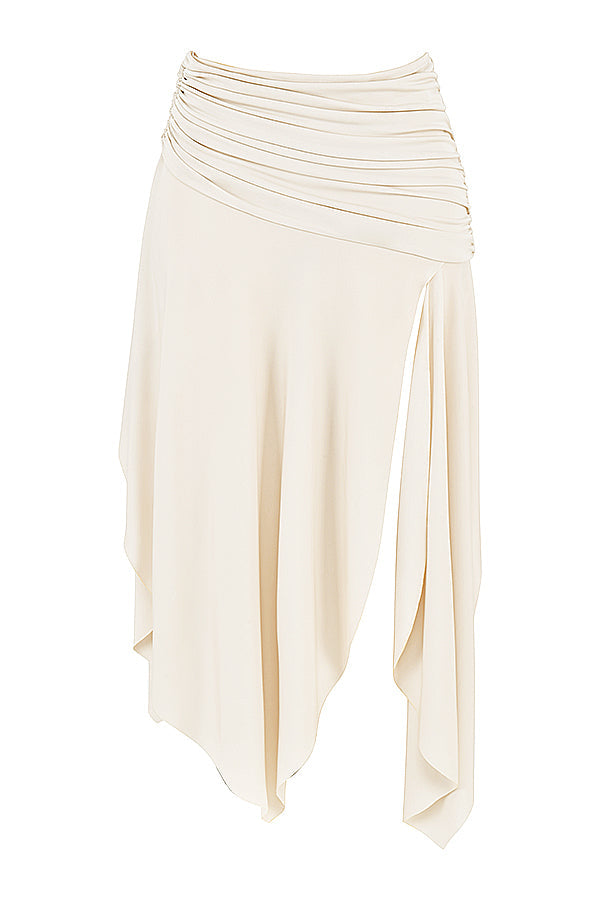 Cream vegan leather corset with draped midi skirt