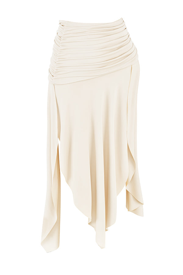 Cream vegan leather corset with draped midi skirt