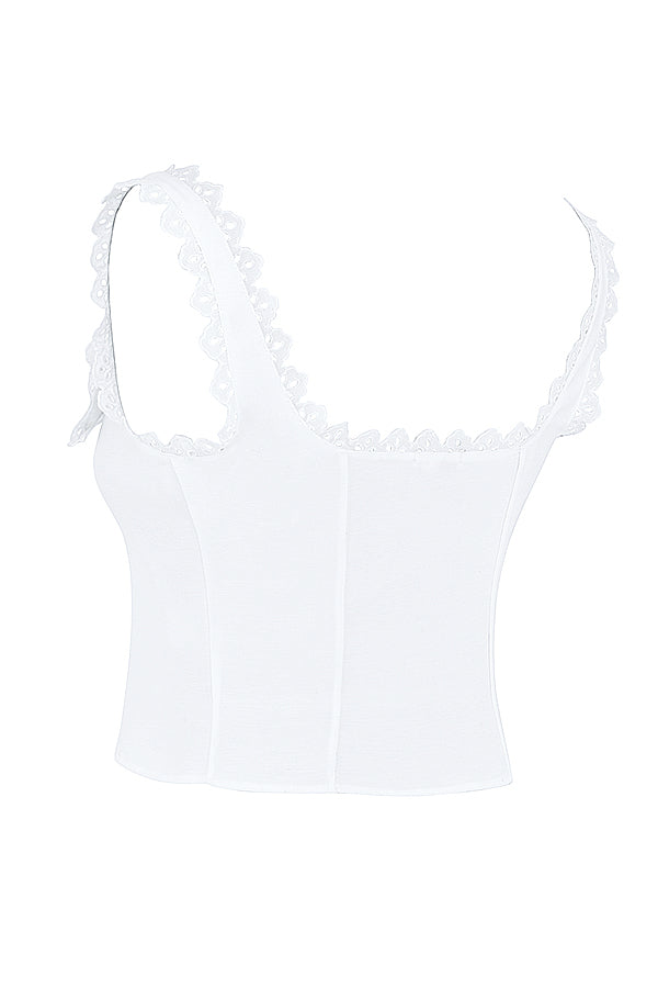 White lace top with linen A-line mini skirt