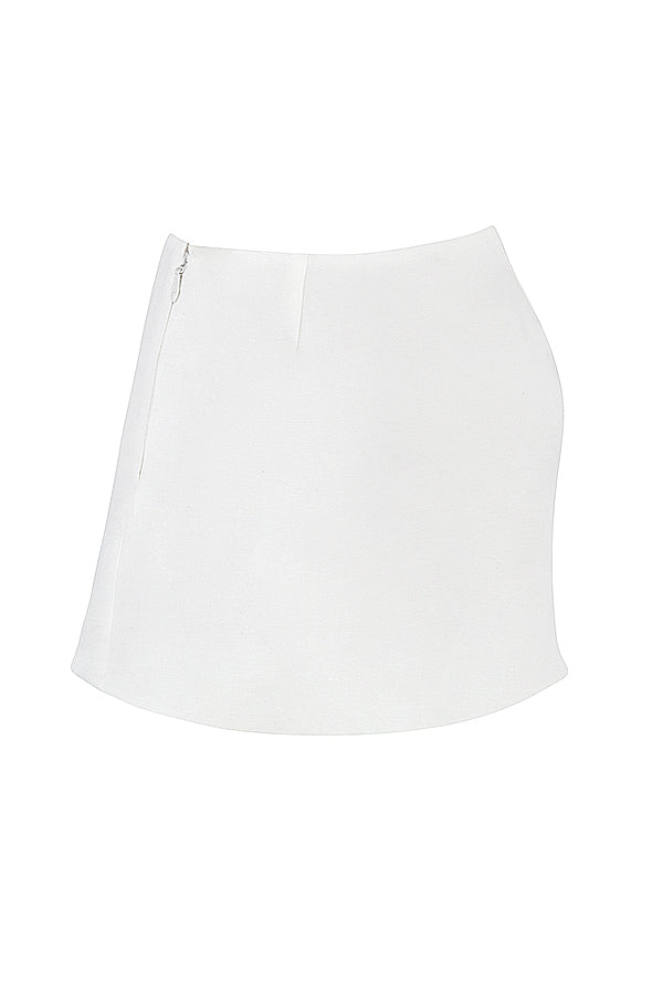 White lace top with linen A-line mini skirt