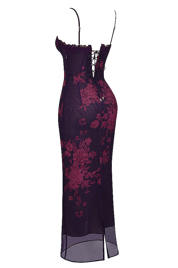 Maxi dress with grape print and floral print