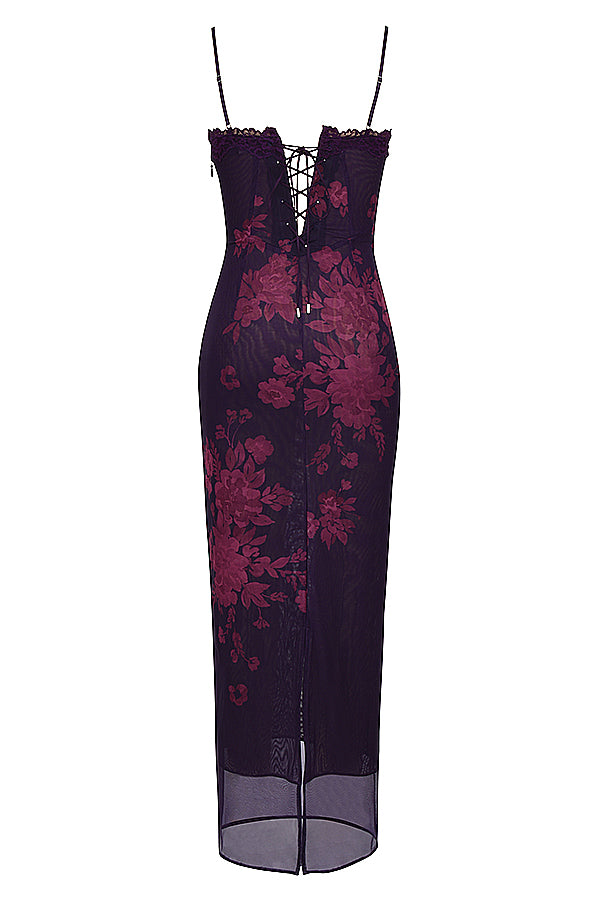 Maxi dress with grape print and floral print