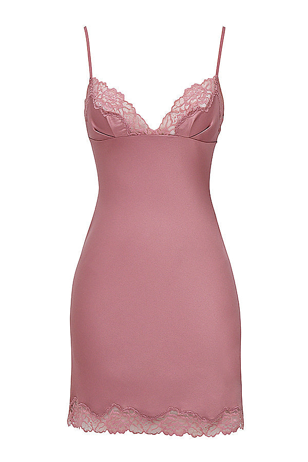 Pink satin and lace slip dress