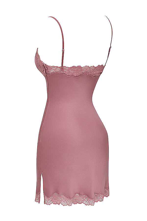 Pink satin and lace slip dress