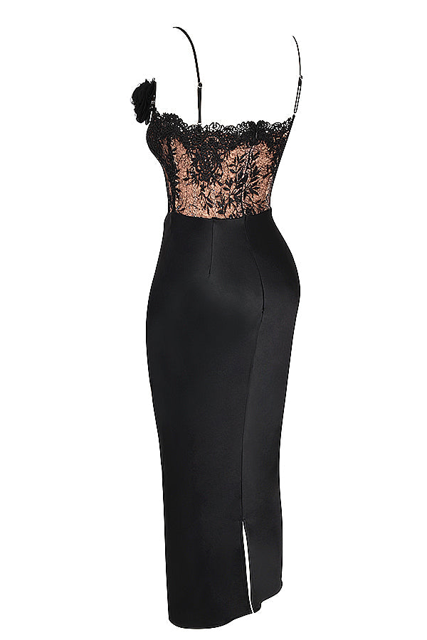 Black satin and lace corset dress