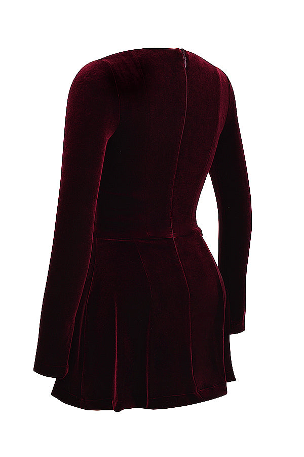 Black mini dress with cherry-colored pleats