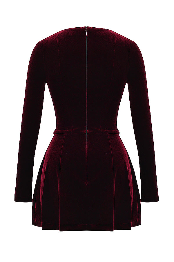 Black mini dress with cherry-colored pleats