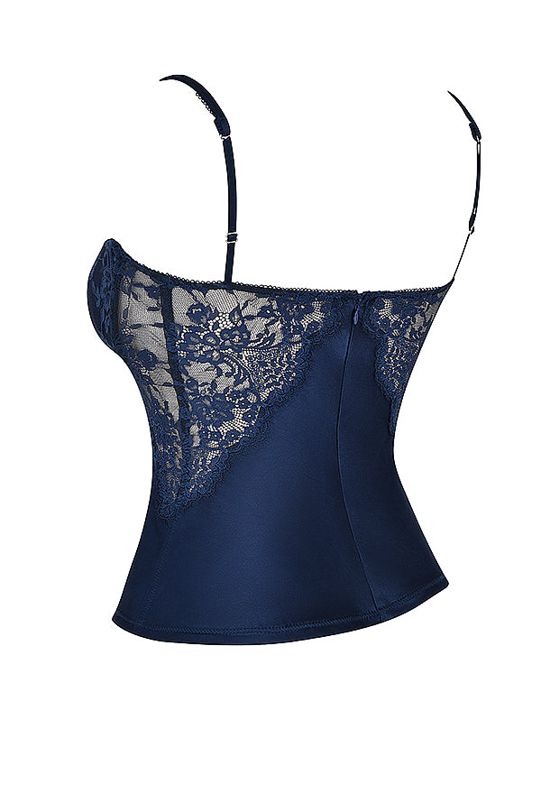 Navy blue satin and lace cami top