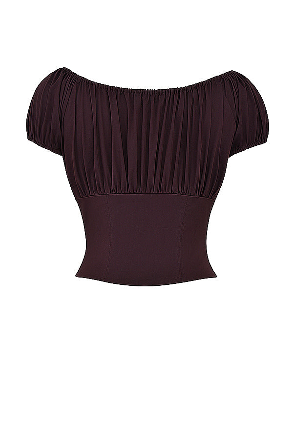 Top with ruffles in deep brown and midi skirt with ruffles