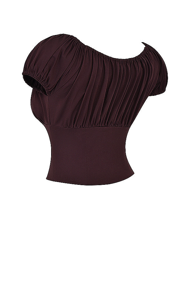 Top with ruffles in deep brown and midi skirt with ruffles