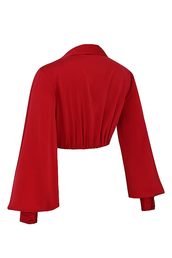 Cherry silk blouson top with draped silk maxi skirt