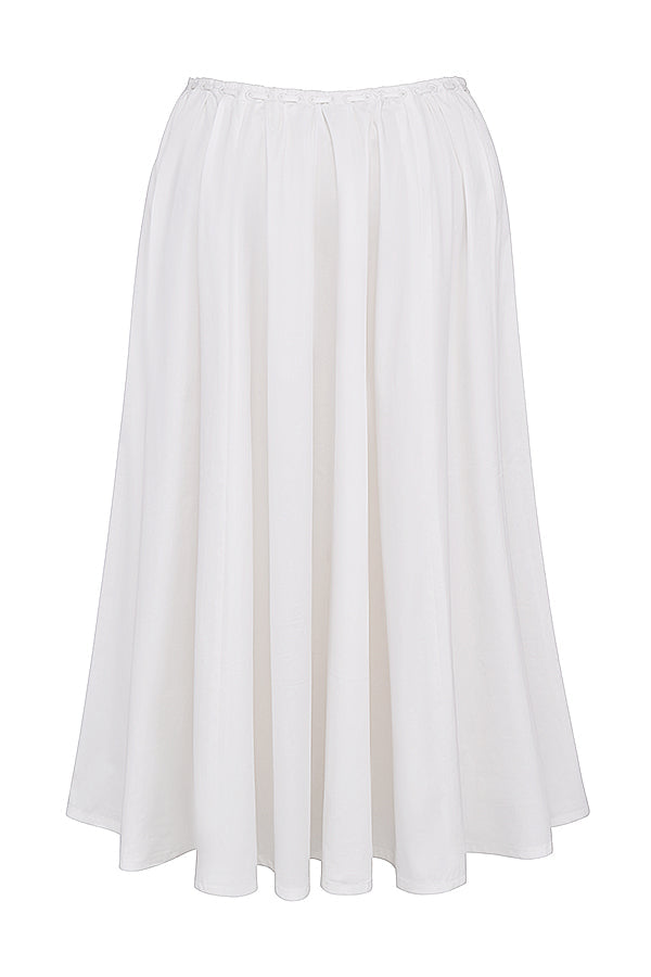 White top with ruffles and midi skirt