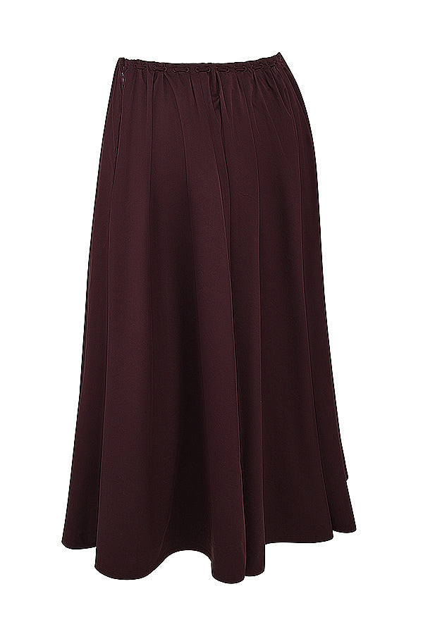 Top with ruffles in deep brown and midi skirt with ruffles