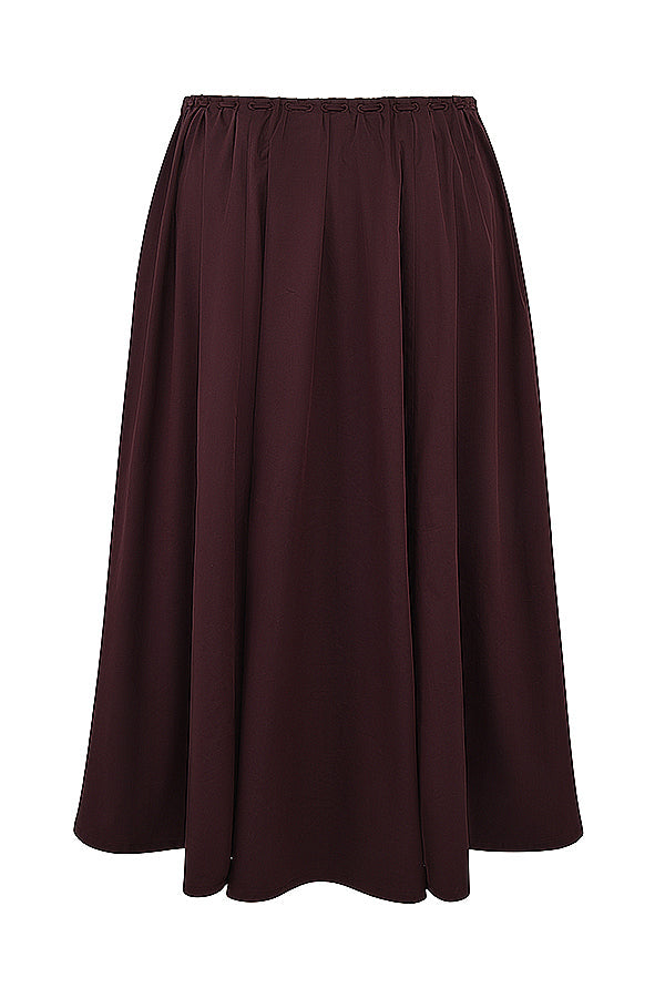 Top with ruffles in deep brown and midi skirt with ruffles