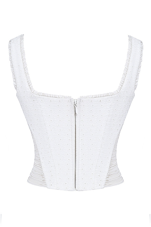 White broderie anglais corset with layered mini skirt