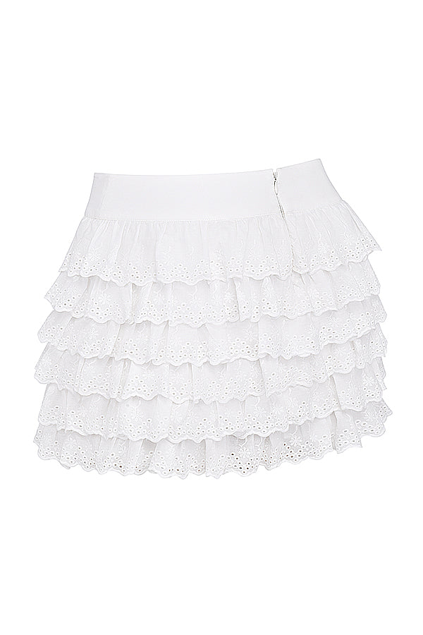 White broderie anglais corset with layered mini skirt