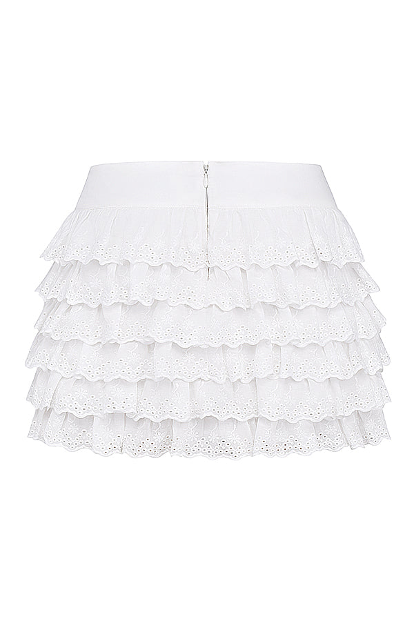 White broderie anglais corset with layered mini skirt