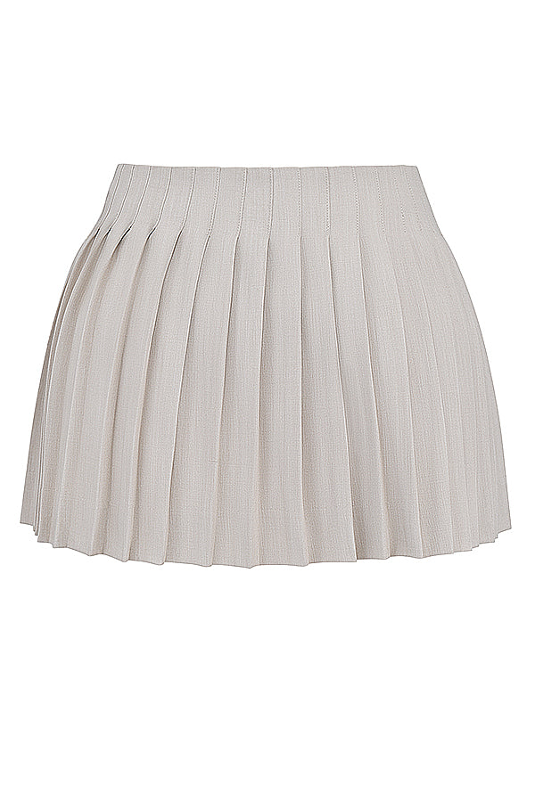 White pleated top with Stone pleated mini wrap skirt