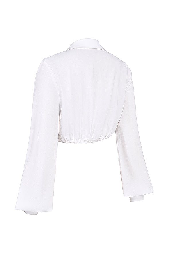 White deep blouson top with pleated maxi skirt