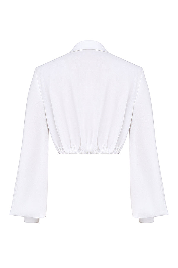 White deep blouson top with pleated maxi skirt