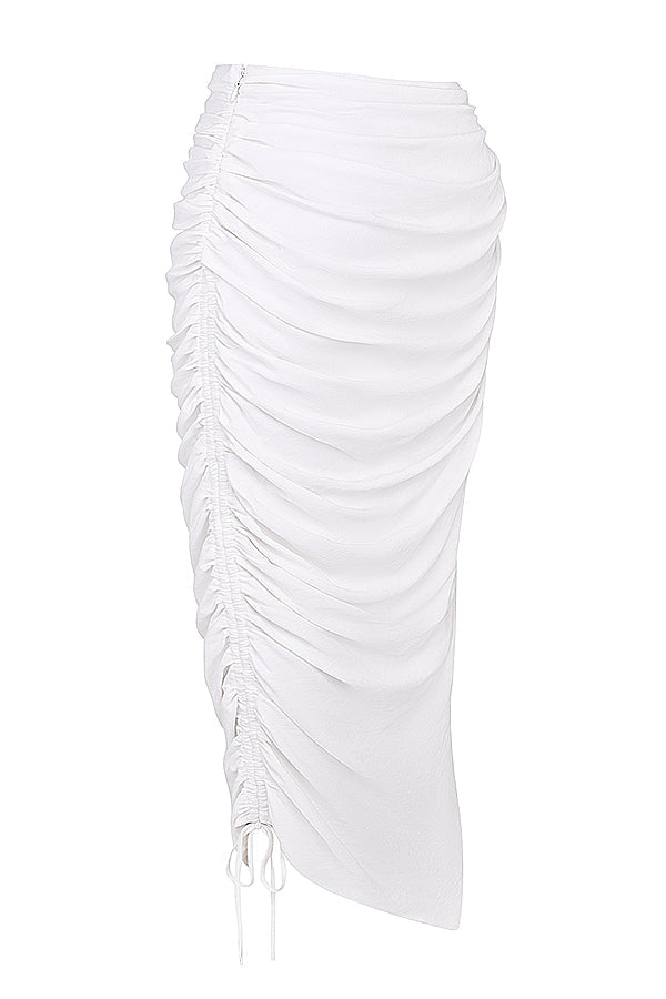 White deep blouson top with pleated maxi skirt