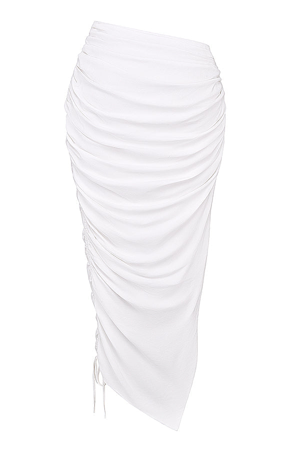 White deep blouson top with pleated maxi skirt