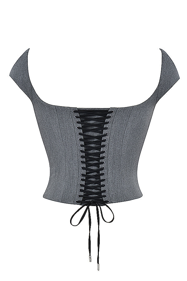 Gray corset with lace back and A-line mini skirt