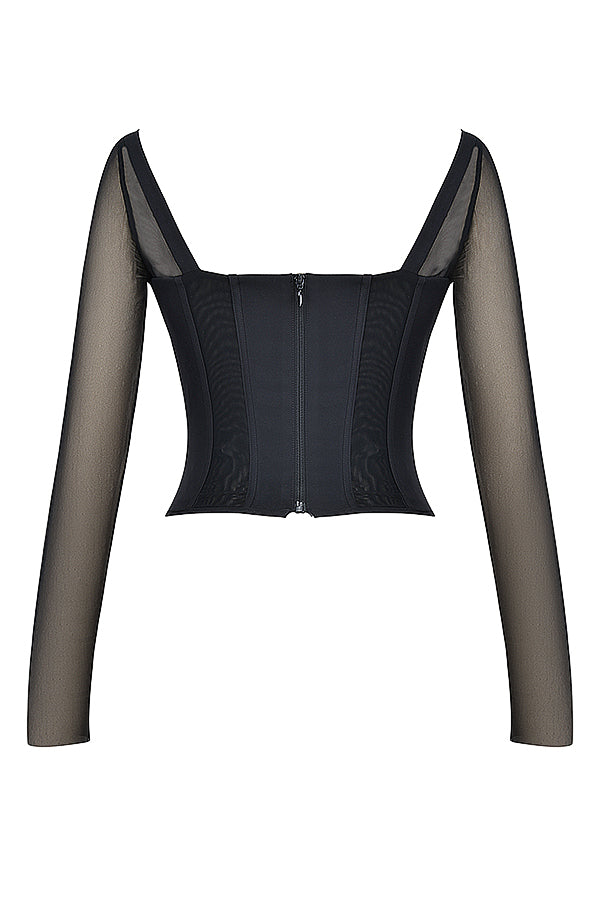 Black long-sleeved corset and high-waisted pants