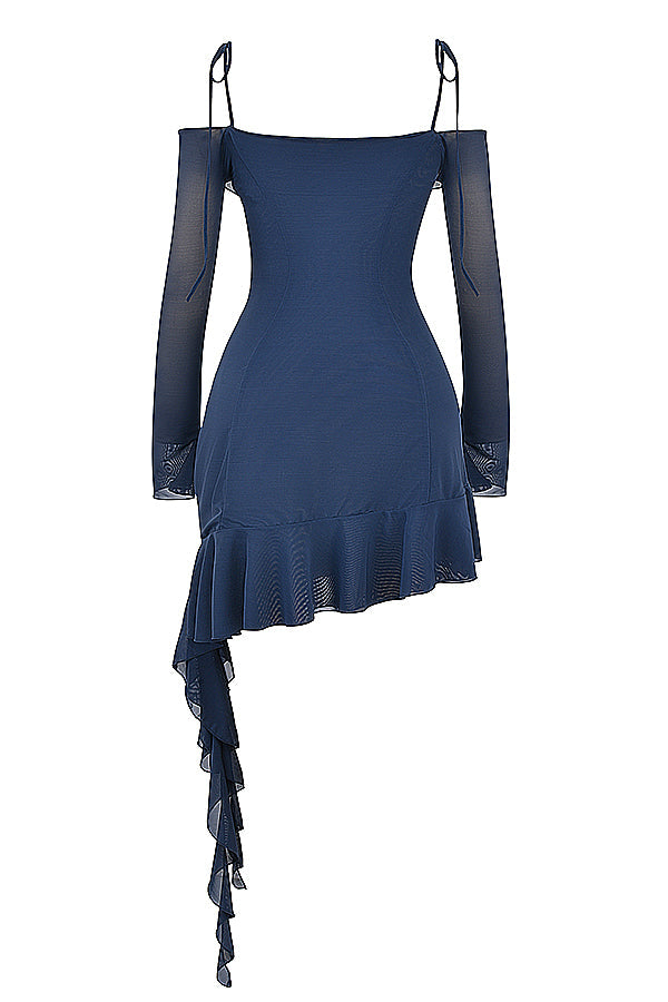 French navy blue mini dress with ruffles