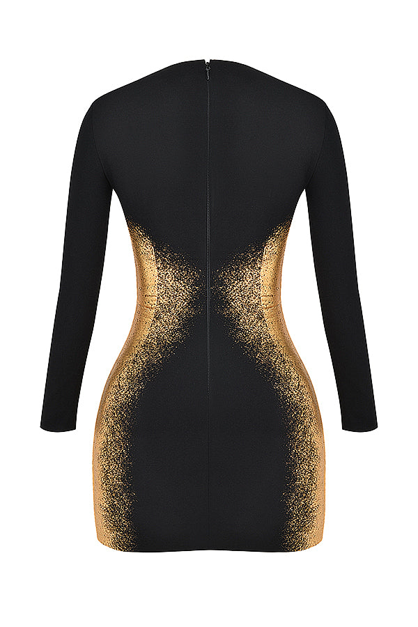 Black gold mini dress with foil print