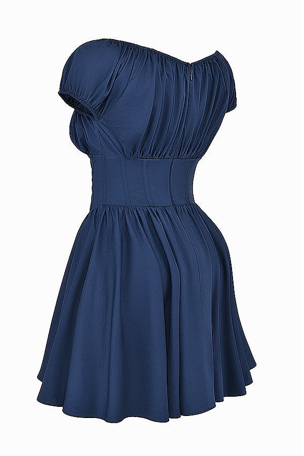 French navy blue mini dress with pleats