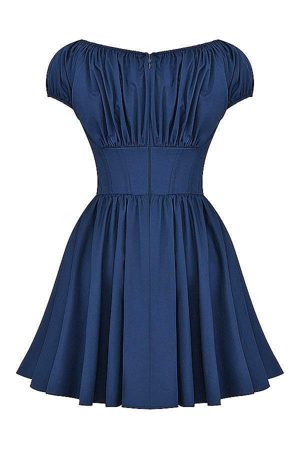 French navy blue mini dress with pleats