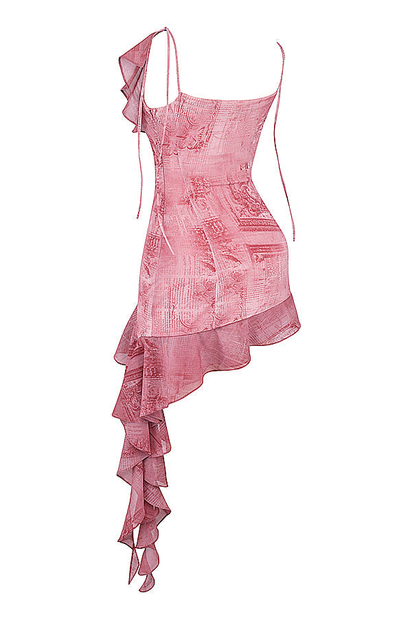 Mini dress with pink print and ruffles