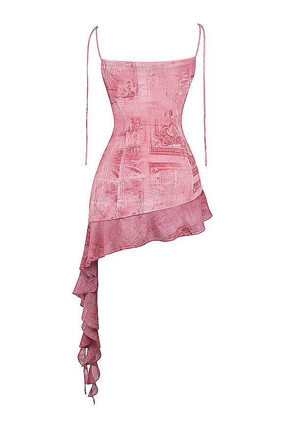 Mini dress with pink print and ruffles