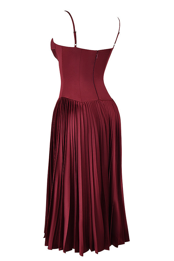 Wine satin pleated midi dress