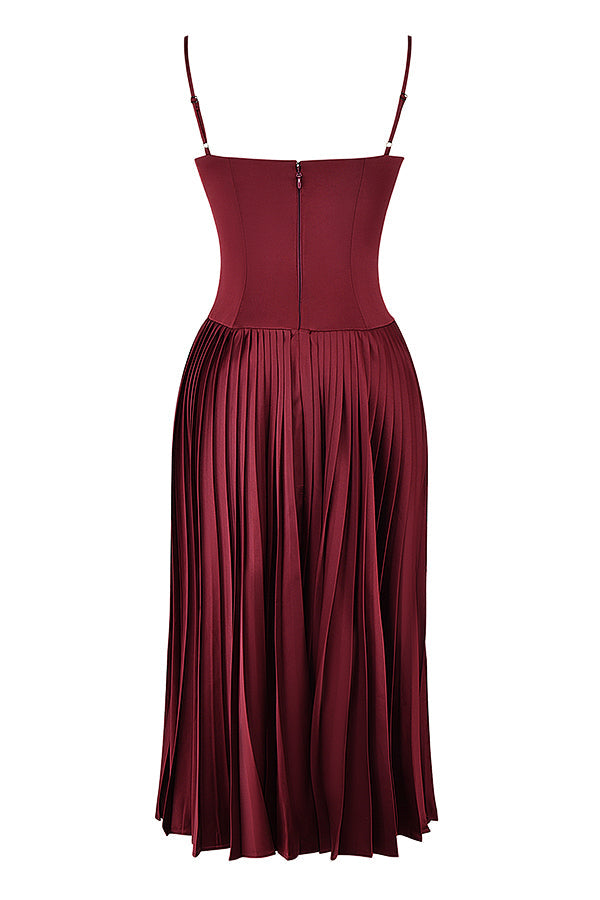 Wine satin pleated midi dress