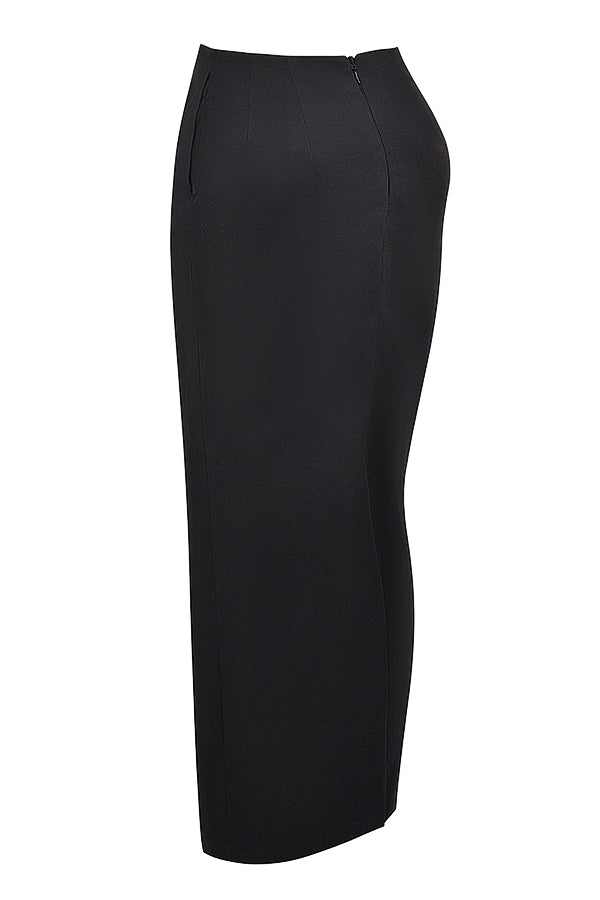 Black sleeveless tuxedo top with twill maxi skirt