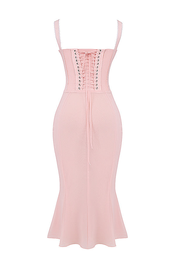 Soft peach colored midi dress with lace back