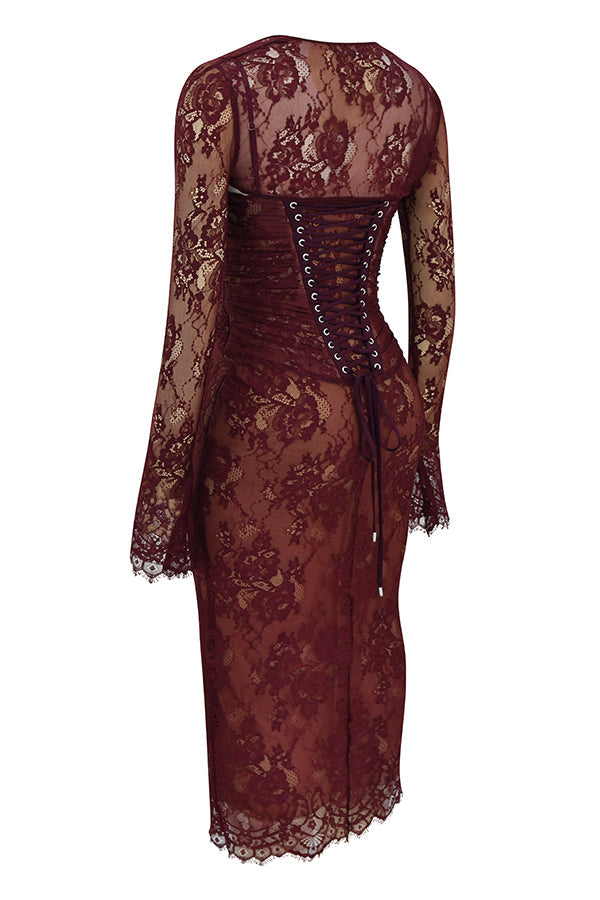 Midi dress made of burgundy red lace