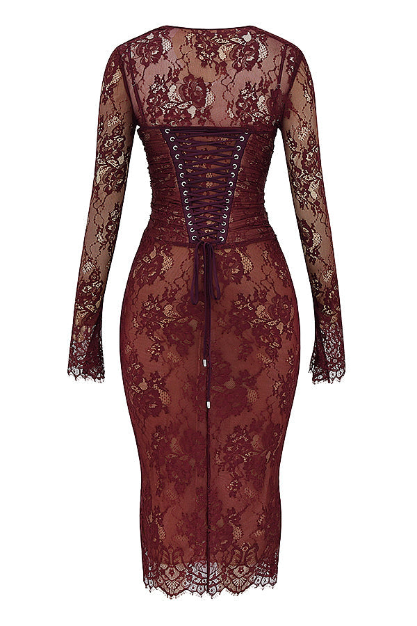 Midi dress made of burgundy red lace