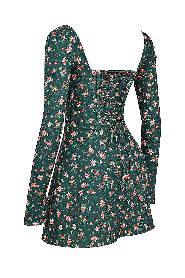 Green floral corset mini dress