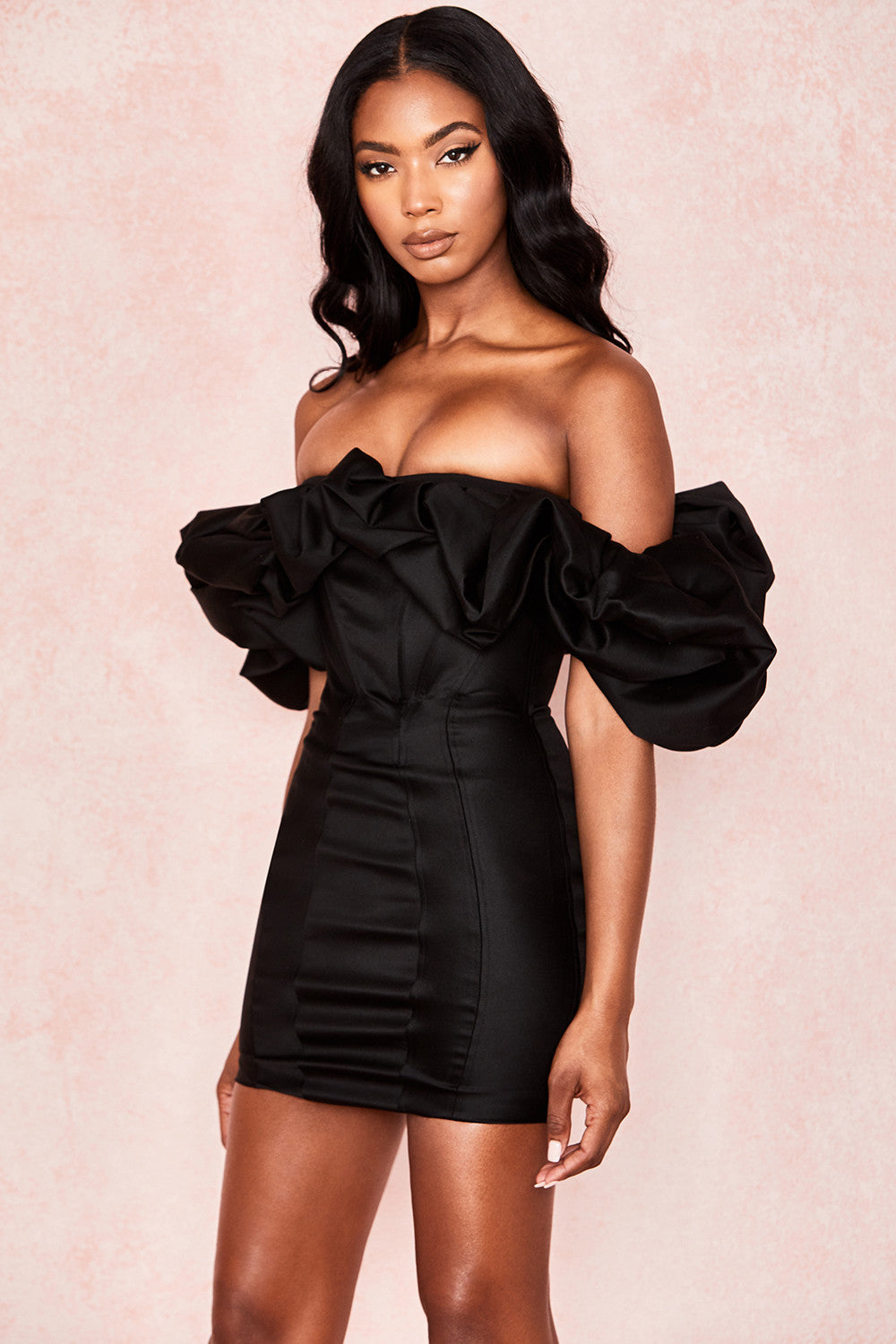 Satin strapless dress with ruffles