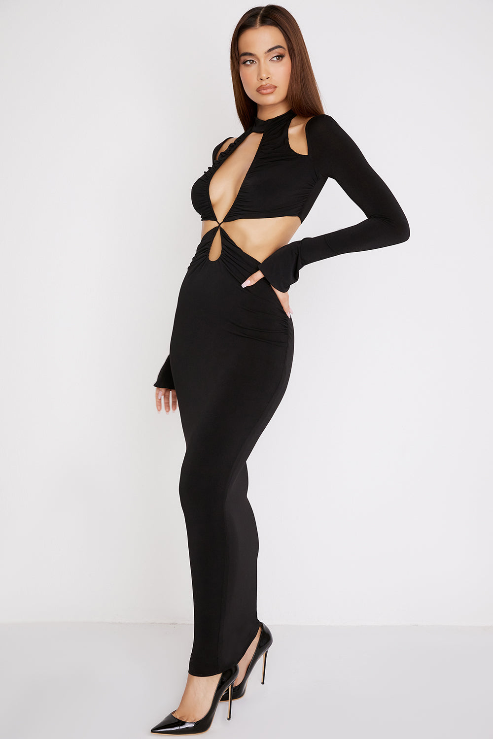 Black jersey maxi dress with cutout