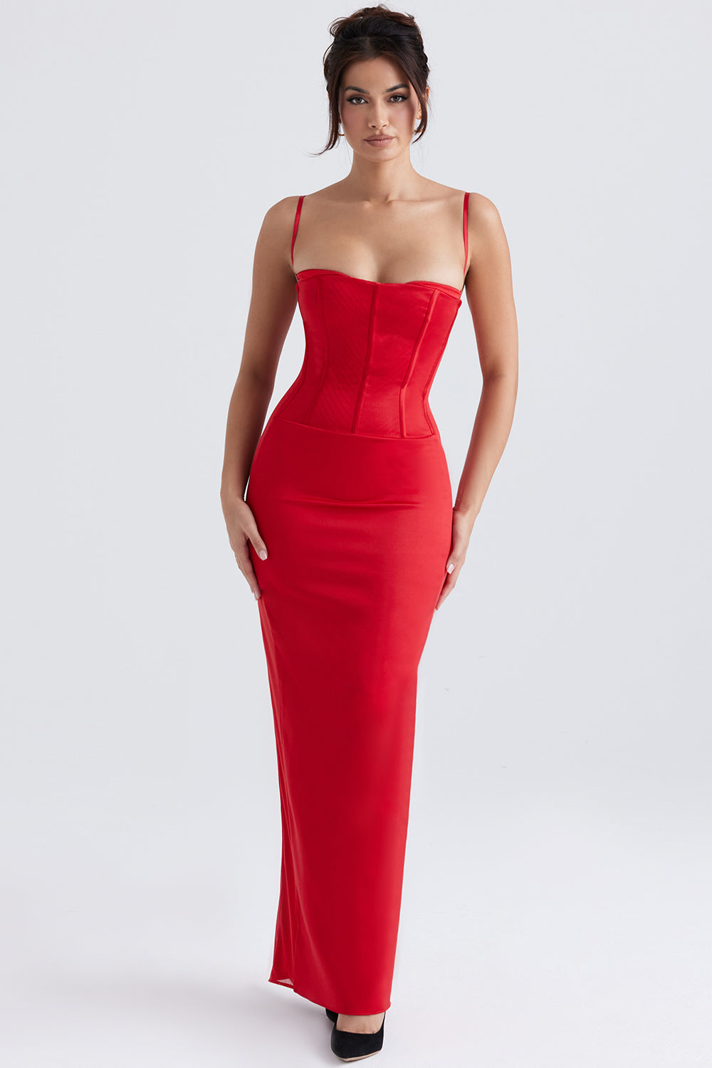 Red satin corset maxi dress