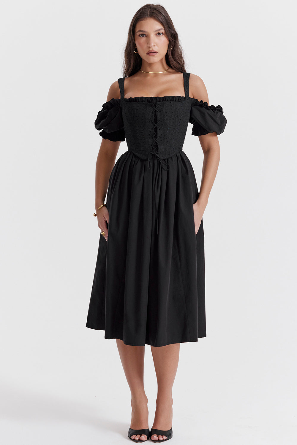 Black midi sundress with puff sleeves